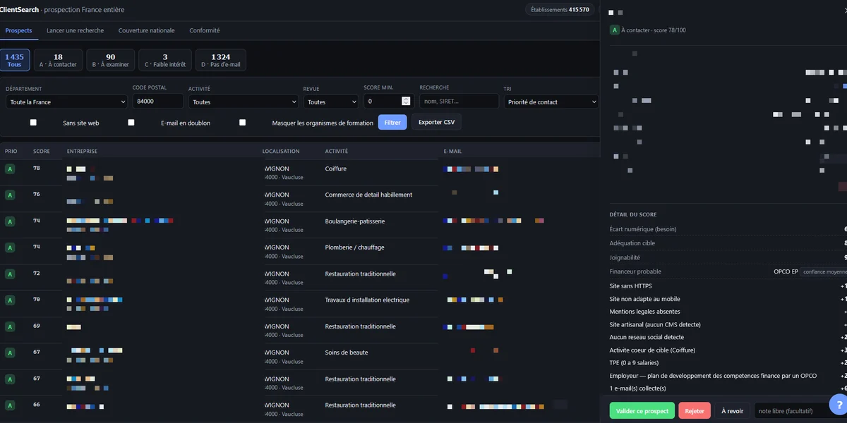Interface de ClientSearch, liste de prospects et détail du score