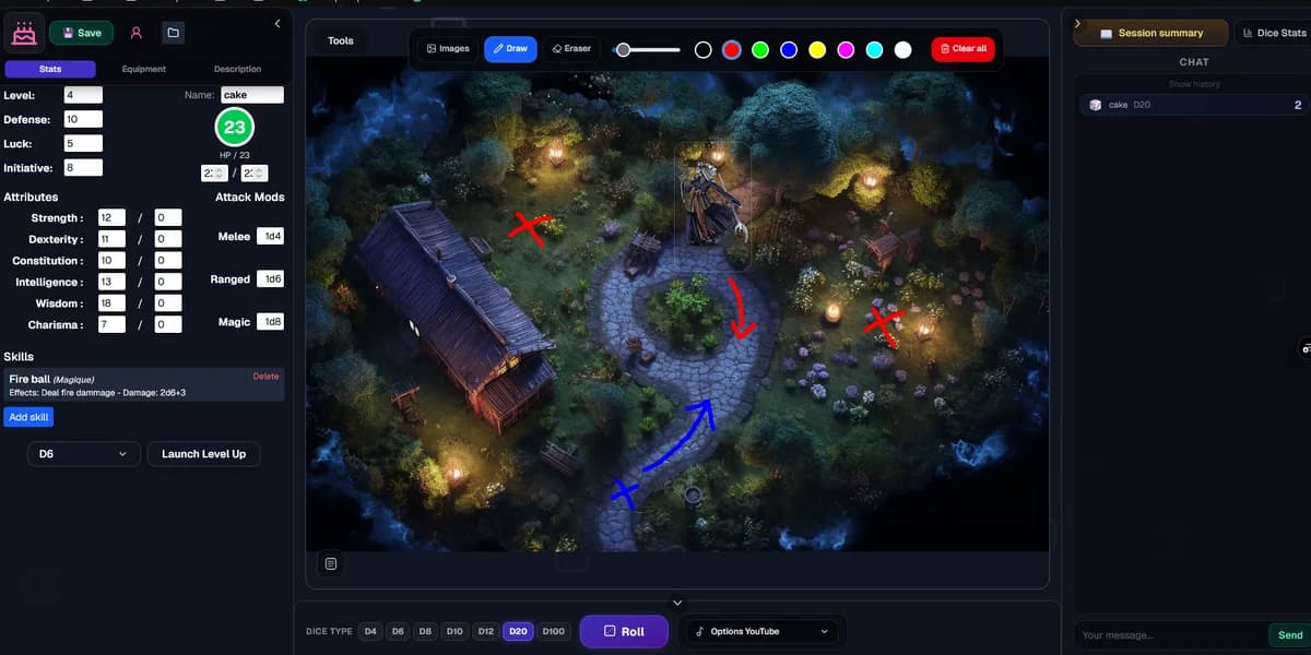 Interface de l’application QG JDR, carte de jeu et fiche de personnage