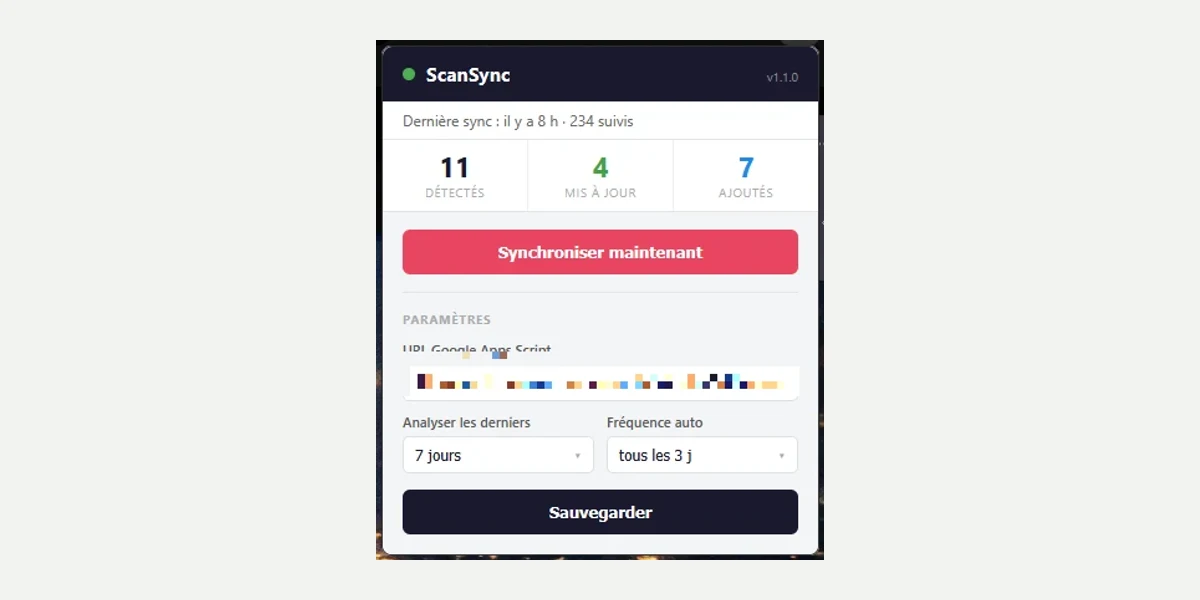 Fenêtre de ScanSync, compteurs de synchronisation et réglages